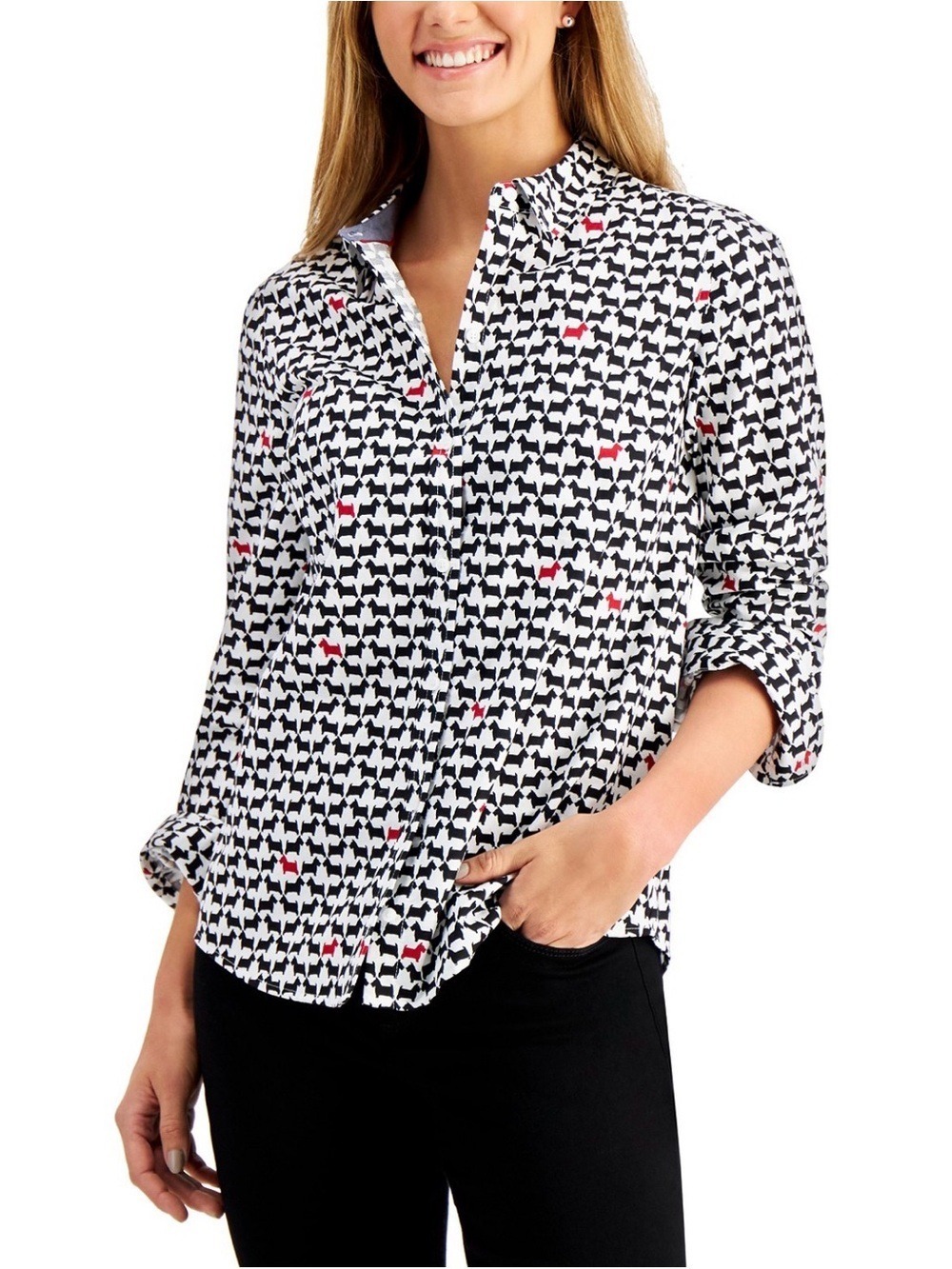 Charter Club Black & White Scottie Dog Button-Down Shirt with Red Accents